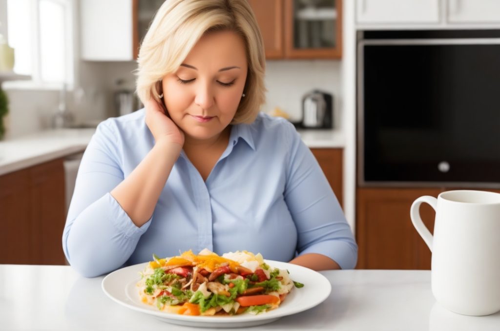 woman looking at plate of food